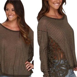 Free People Striped Olive Green Top with Lace, S